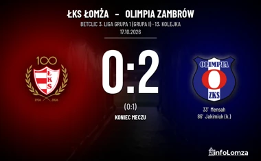 [PIŁKA NOŻNA] Betclic 3. Liga Grupa 1 (Grupa I) – ŁKS Łomża – Olimpia Zambrów 0:2. Przed łomżanami wyjazd do Widzewa II