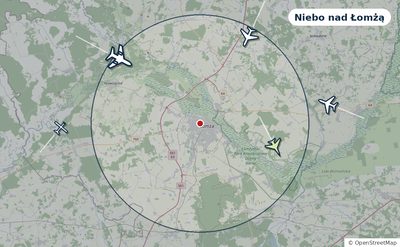 Mapa okolic miasta z sylwetkami samolotów — Niebo nad Łomżą na żywo