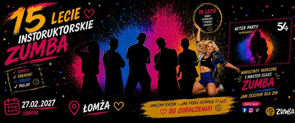 Grafika promocyjna wydarzenia 15-lecie instruktorskie ZUMBA – Łomża tanecznie