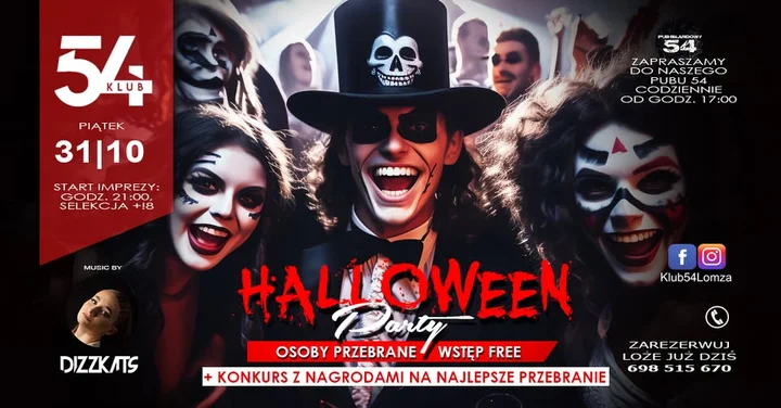 Grafika promocyjna wydarzenia Halloween Party w Klubie 54 z DJ DIZZKATS — 31 października, Łomża