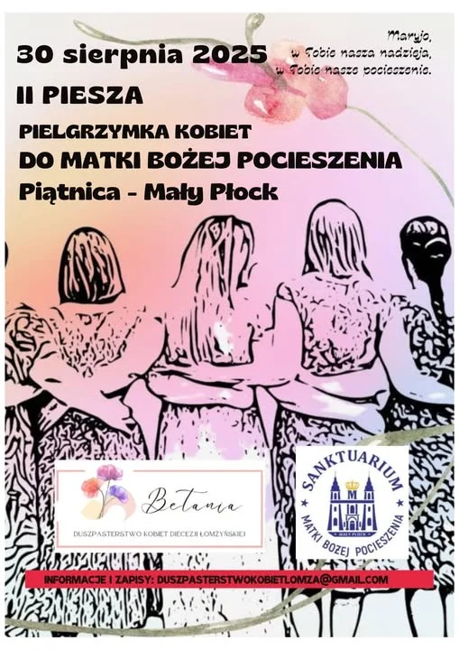Obrazek przedstawia grafikę promocyjną wydarzenia Piesza pielgrzymka kobiet do Sanktuarium Matki Bożej Pocieszenia – jednodniowa trasa