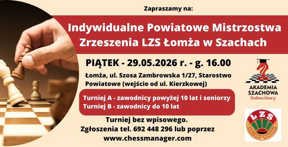 Grafika promocyjna wydarzenia Indywidualne Powiatowe Mistrzostwa Zrzeszenia LZS Łomża w Szachach 2026