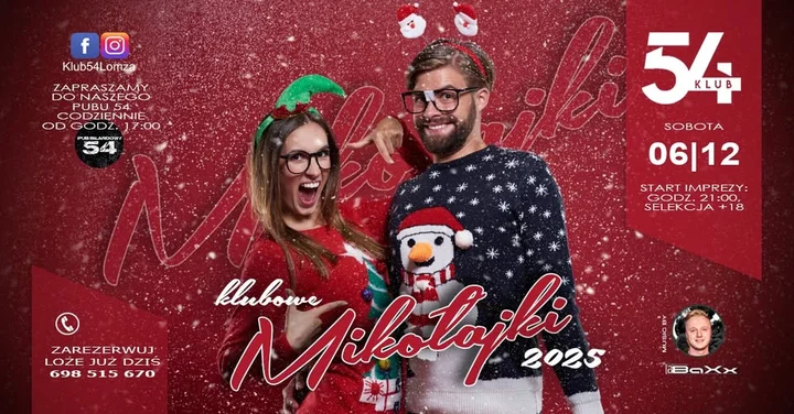 Grafika promocyjna wydarzenia Klubowe Mikołajki 2025 w Klubie 54 Łomża — DJ BaXx rozkręca parkiet