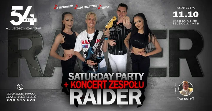 Obrazek przedstawia grafikę promocyjną wydarzenia Koncert zespołu Raider w Klubie 54 w Łomży