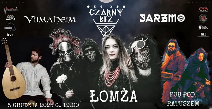 Grafika promocyjna wydarzenia Łomża: Czarny Bez z Jarzmo i Viimaheim — koncert w Pubie Pod Ratuszem (5 grudnia 2025)