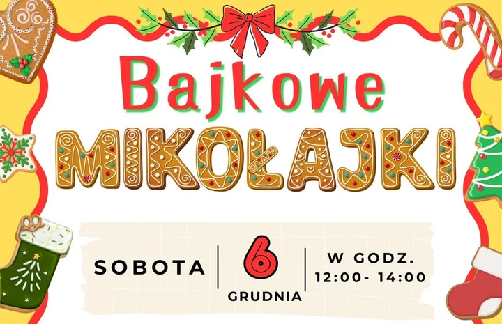 Grafika promocyjna wydarzenia Mikołajkowe warsztaty dekorowania świątecznych pierniczków (MOSiR Łomża)
