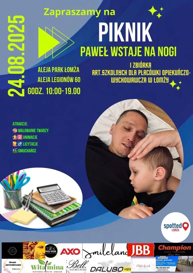 Obrazek przedstawia grafikę promocyjną wydarzenia Piknik charytatywny dla Pawła i zbiórka artykułów szkolnych dla placówki w Łomży