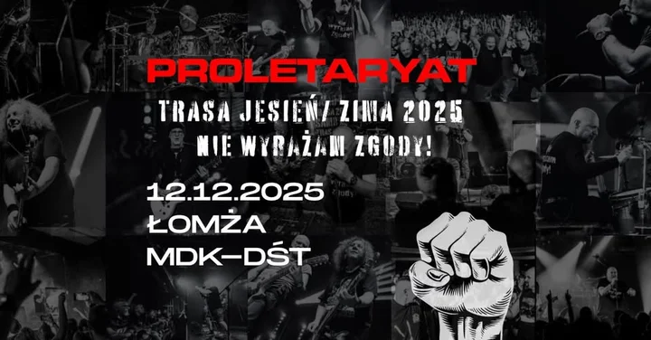 Grafika promocyjna wydarzenia PROLETARYAT w Łomży — koncert‑manifest w MDK‑DŚT, 12 grudnia 2025