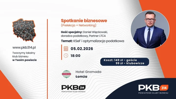 Grafika promocyjna wydarzenia Spotkanie Biznesowe PKB314 Łomża — networking i KSeF (5 lutego)