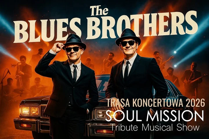 Grafika promocyjna wydarzenia The Blues Brothers „Soul Mission” — tribute live show w Łomży