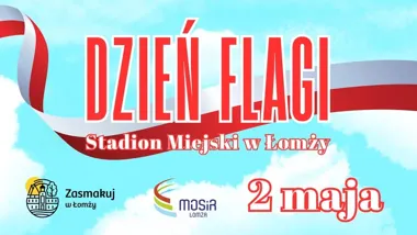 Grafika promocyjna wydarzenia Bieg z Flagą w Łomży 2026: sportowe świętowanie Dnia Flagi na Stadionie Miejskim