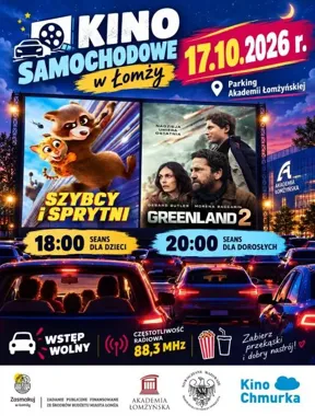 Grafika promocyjna wydarzenia Kino samochodowe w Łomży