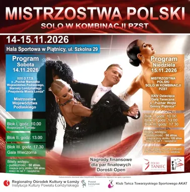 Grafika promocyjna wydarzenia Mistrzostwa Polski Solo w Kombinacji PZST 2026 i Turniej Tańca w Piątnicy