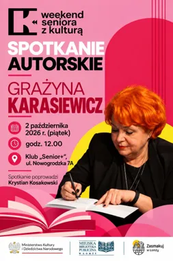 Grafika promocyjna wydarzenia „Spotkania nieoczywiste” – spotkanie z Grażyną Karasiewicz