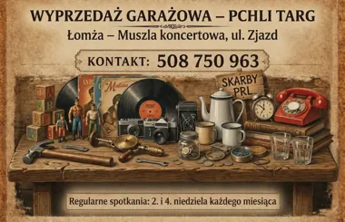 Grafika promocyjna wydarzenia Pchli Targ w Łomży: skarby i okazje
