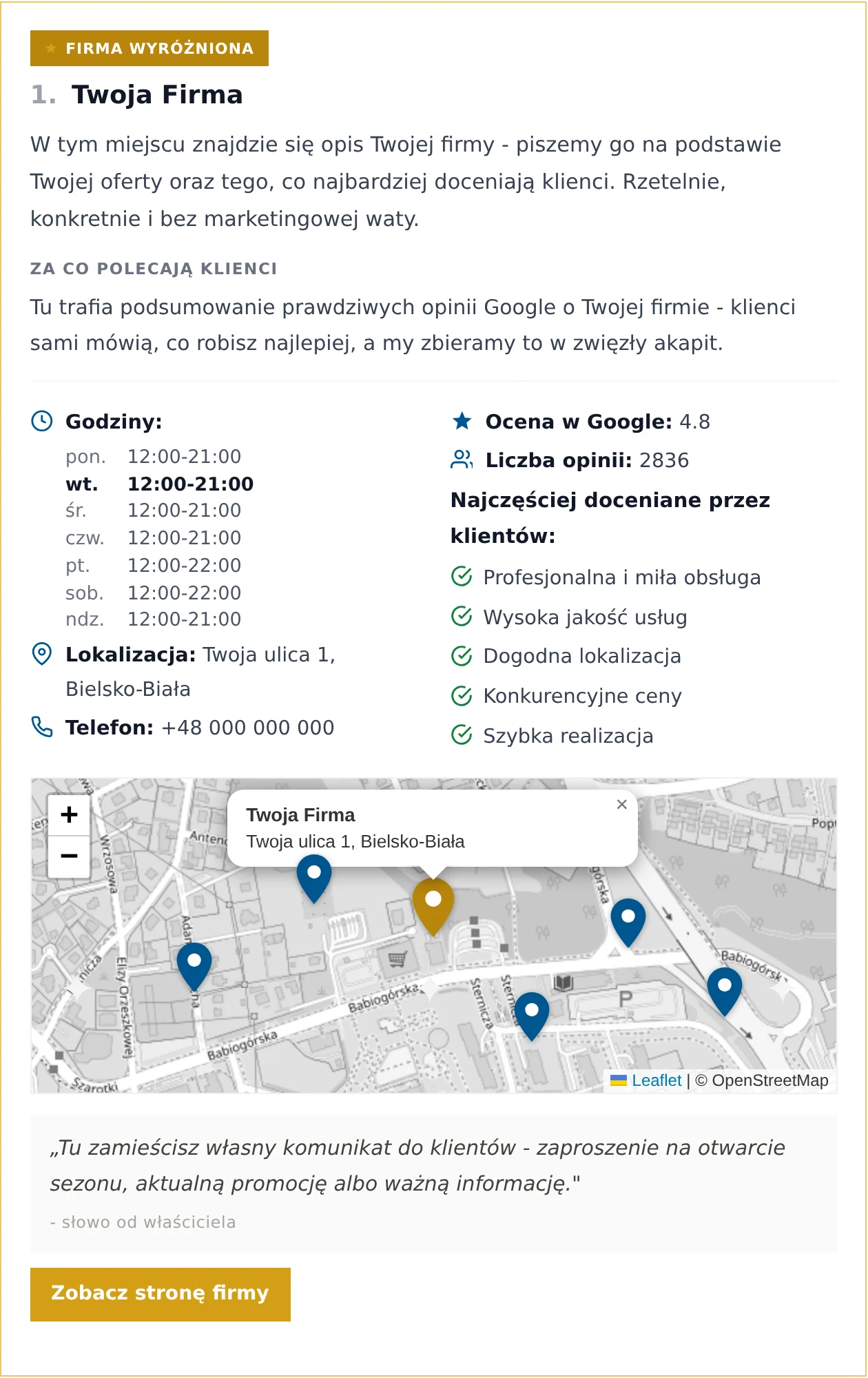 Przykład wyróżnionej karty firmy w katalogu - złota odznaka, opis, oceny Google, godziny otwarcia, mapa, słowo od właściciela i link do strony