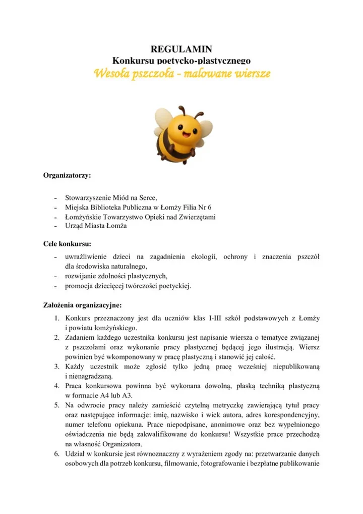 Wesoła pszczoła znów szuka małych poetów i plastyków z Łomży 🐝